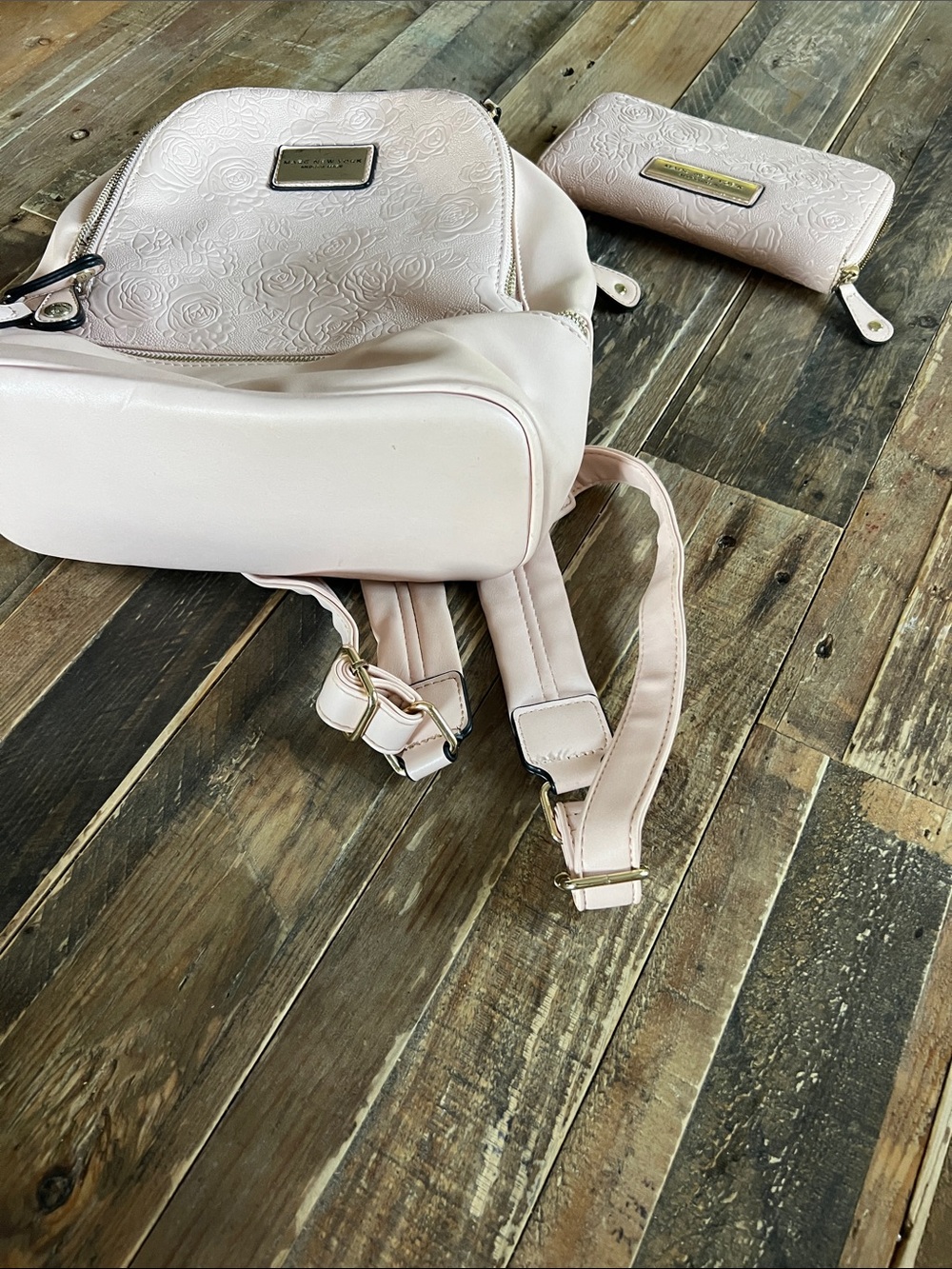 Andrew Marc Blush Pink Floral Embossed Backpack with Matching Wallet